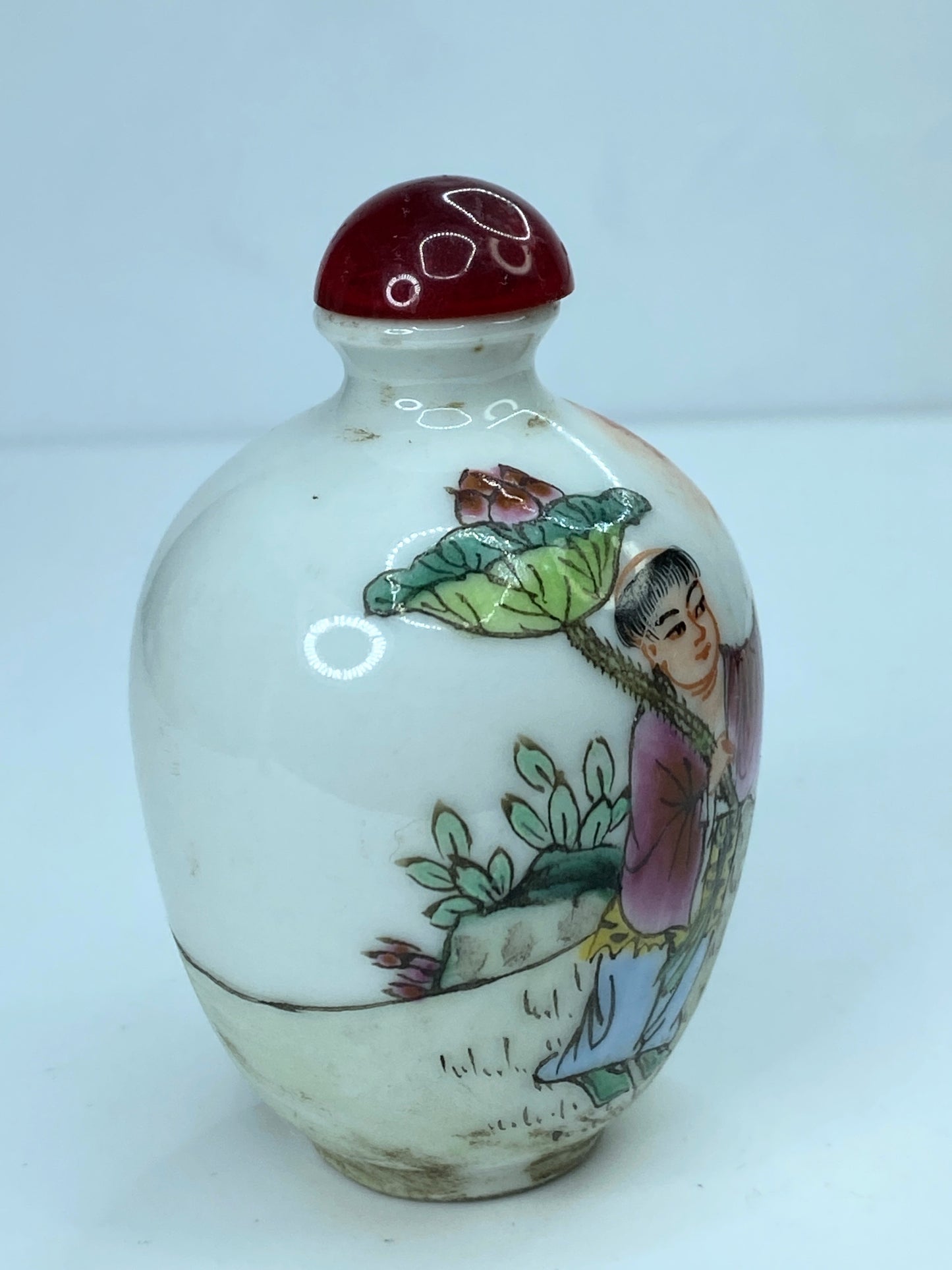 Vintage hand painted polychrome bottle with Amber cap A91