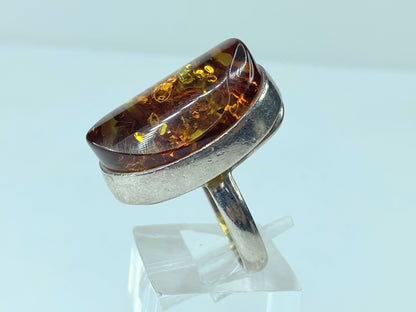 925 Sterling Silver & Genuine Cognac Baltic Amber Unique Ring 9.9g s7 JR296