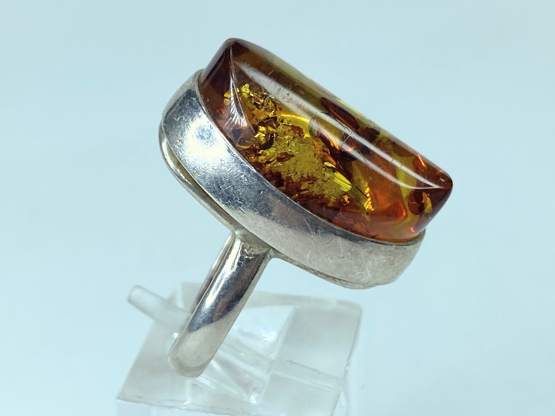 925 Sterling Silver & Genuine Cognac Baltic Amber Unique Ring 9.9g s7 JR296