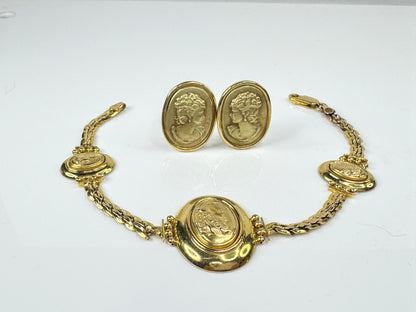 Vintage 14K Gold Italian Cameo Bracelet and matching Earring Set  15.8g JR1776