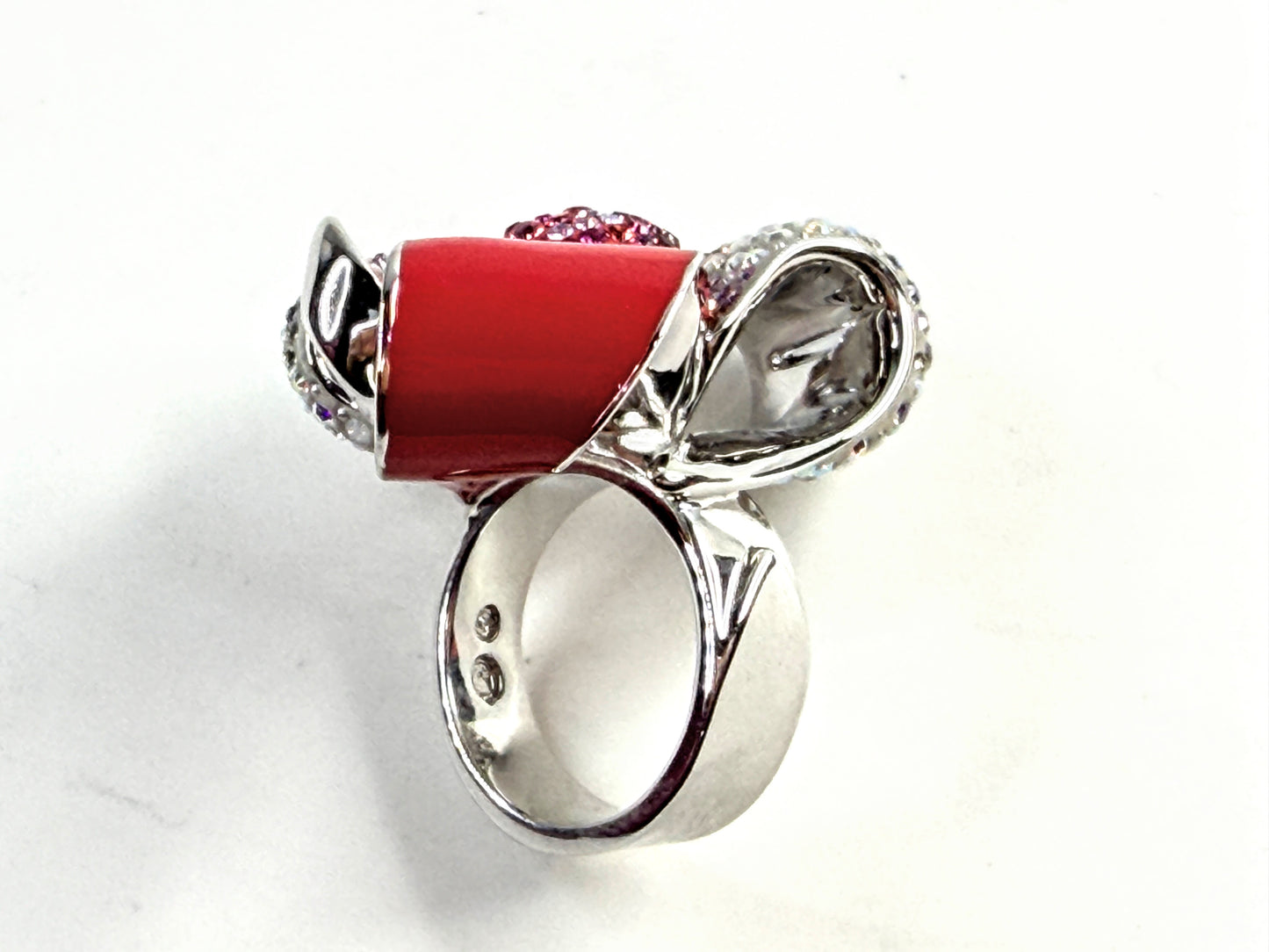 Vintage Swarovski Nirvana Red Enamel Crystal Bow Ring s5.5 GS828