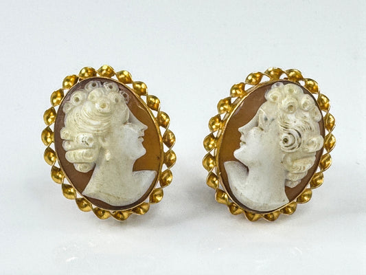 Mid-Century 14K Gold Shell Cameo Lady Portrait Screw Back Earrings 1.0" JR1777