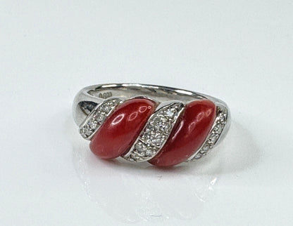 Art Deco Platinum Natural Coral and Diamond Ring 9.1g size 8 JR1778