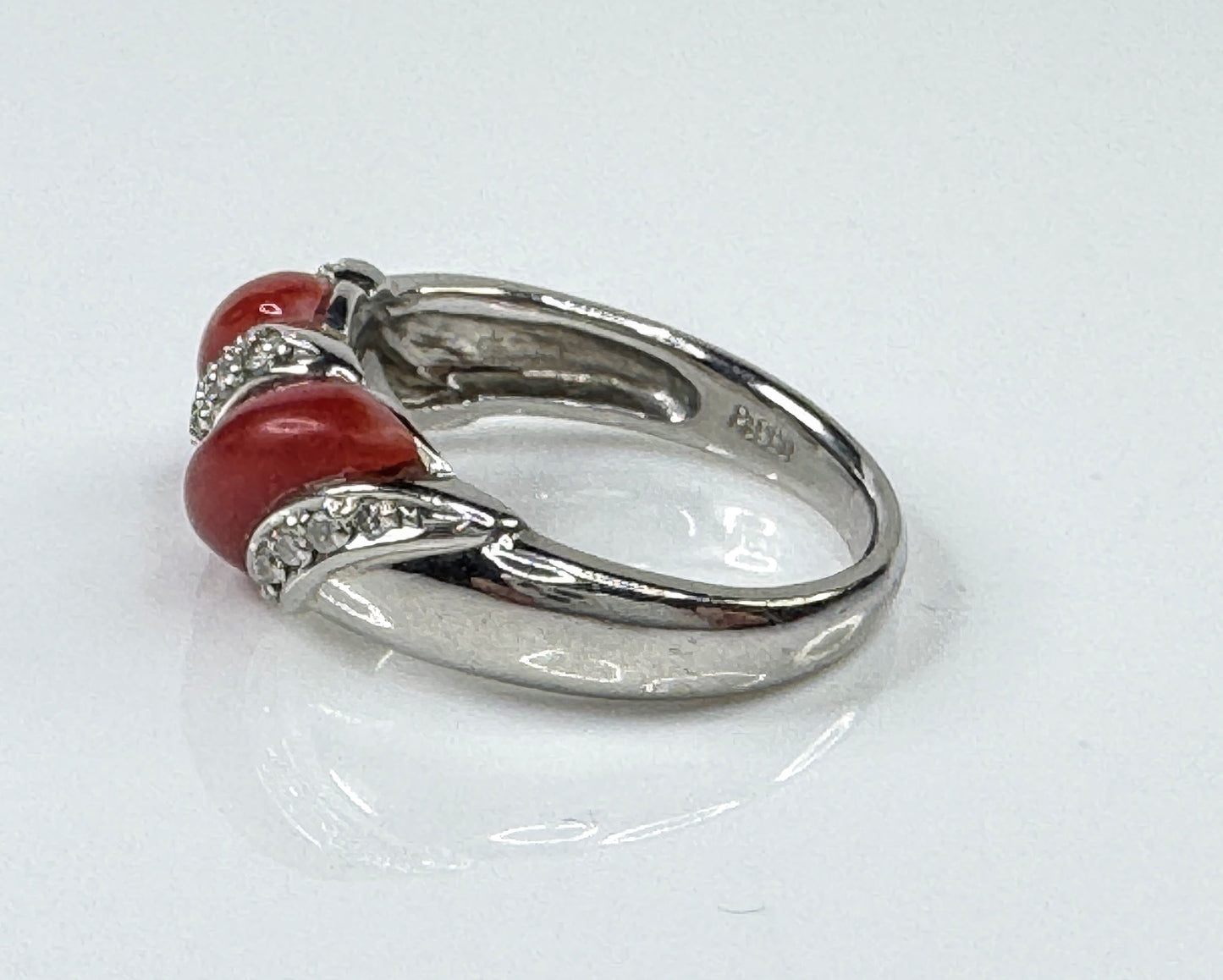 Art Deco Platinum Natural Coral and Diamond Ring 9.1g size 8 JR1778