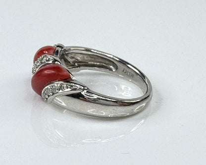 Art Deco Platinum Natural Coral and Diamond Ring 9.1g size 8 JR1778