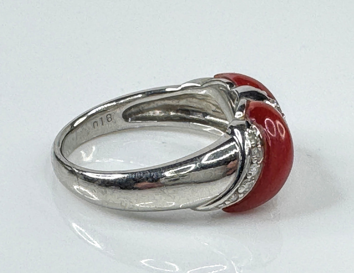 Art Deco Platinum Natural Coral and Diamond Ring 9.1g size 8 JR1778