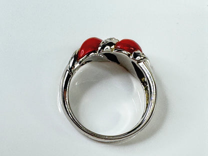 Art Deco Platinum Natural Coral and Diamond Ring 9.1g size 8 JR1778
