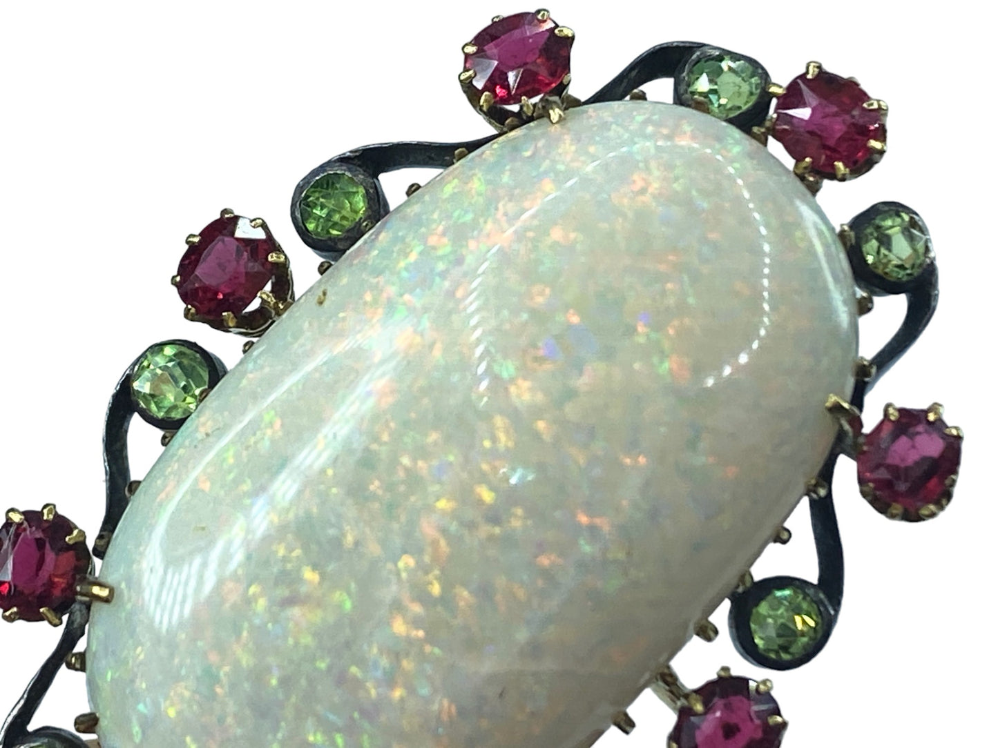 Antique Oval cut Opal Cabochon Ruby Peridot in 18K gem pendant 11.8g