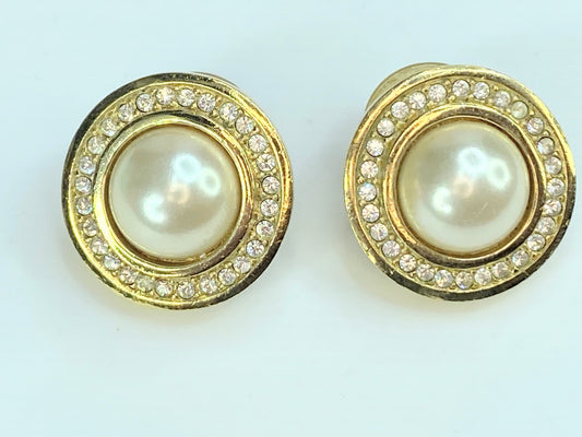 Signed Christian Dior Pearl and Crystal Clip-On Earrings 21.6mm GS101