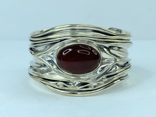 Sterling Silver Vintage Mexico Dominique Carnelian Gem Cuff Bracelet 7.5" JR1072
