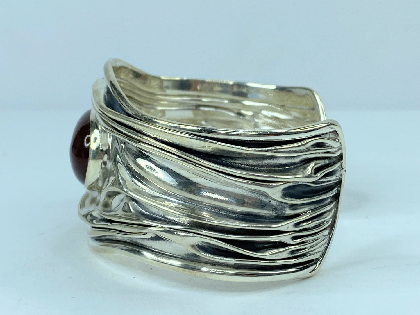 Sterling Silver Vintage Mexico Dominique Carnelian Gem Cuff Bracelet 7.5" JR1072