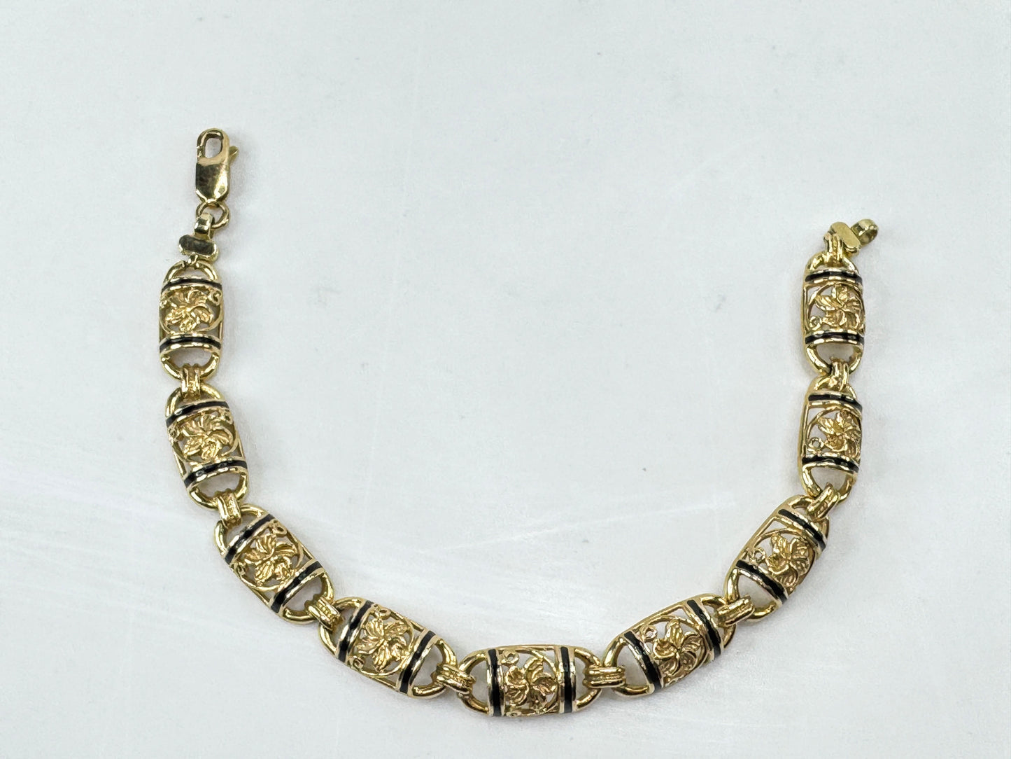 Vintage Hawaiian 14K Gold Floral Black Enamel Bar Bracelet 7 1/4" JR1782