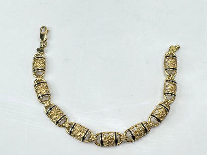 Vintage Hawaiian 14K Gold Floral Black Enamel Bar Bracelet 7 1/4" JR1782