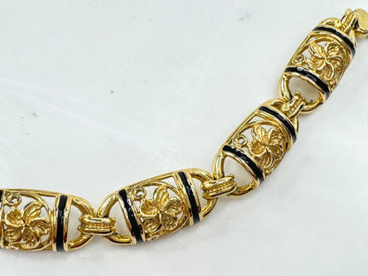 Vintage Hawaiian 14K Gold Floral Black Enamel Bar Bracelet 7 1/4" JR1782