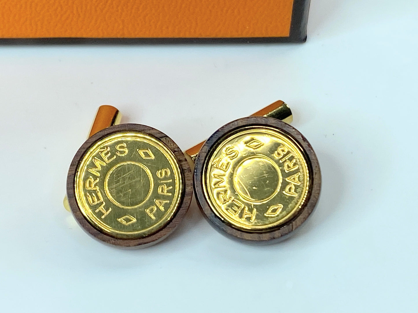 Rare HERMES Cufflinks Metal Wood Serie Cufflinks orange box GS432