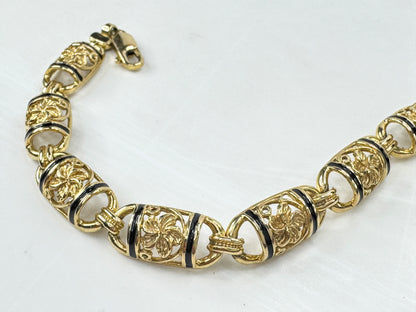 Vintage Hawaiian 14K Gold Floral Black Enamel Bar Bracelet 7 1/4" JR1782