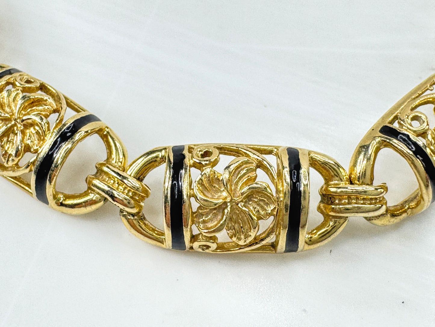 Vintage Hawaiian 14K Gold Floral Black Enamel Bar Bracelet 7 1/4" JR1782