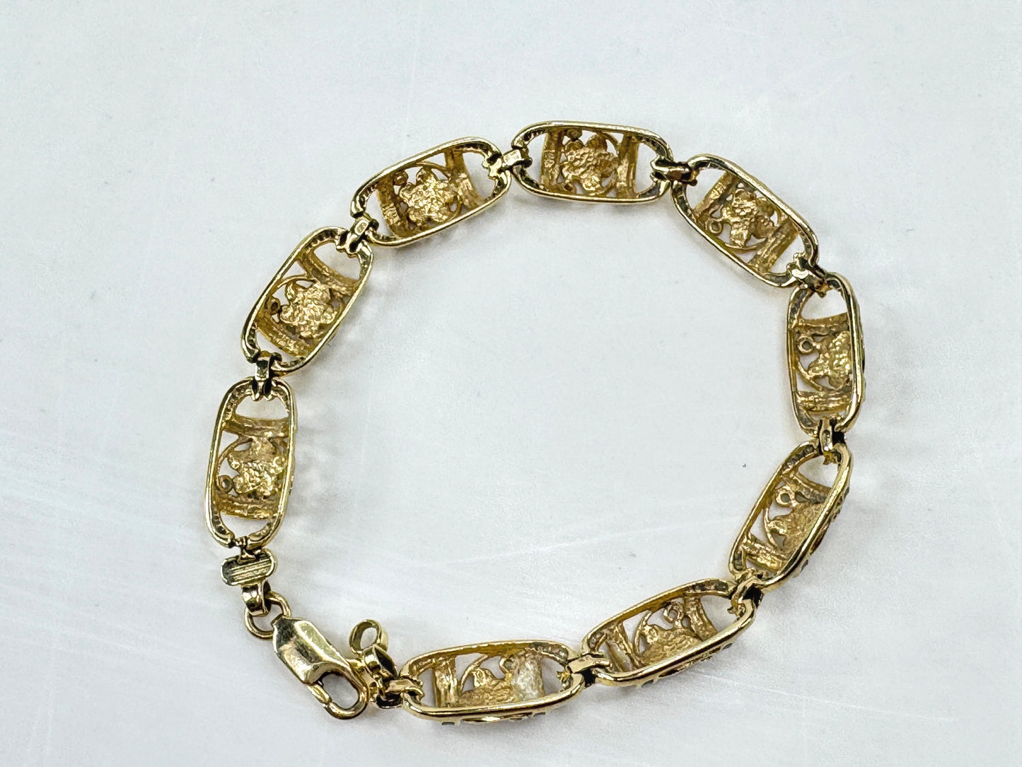Vintage Hawaiian 14K Gold Floral Black Enamel Bar Bracelet 7 1/4" JR1782