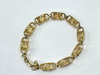 Vintage Hawaiian 14K Gold Floral Black Enamel Bar Bracelet 7 1/4" JR1782