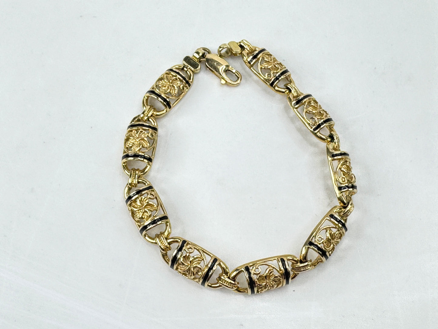 Vintage Hawaiian 14K Gold Floral Black Enamel Bar Bracelet 7 1/4" JR1782