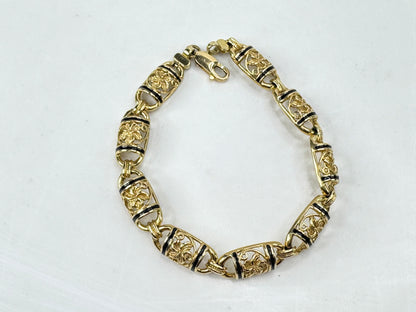 Vintage Hawaiian 14K Gold Floral Black Enamel Bar Bracelet 7 1/4" JR1782
