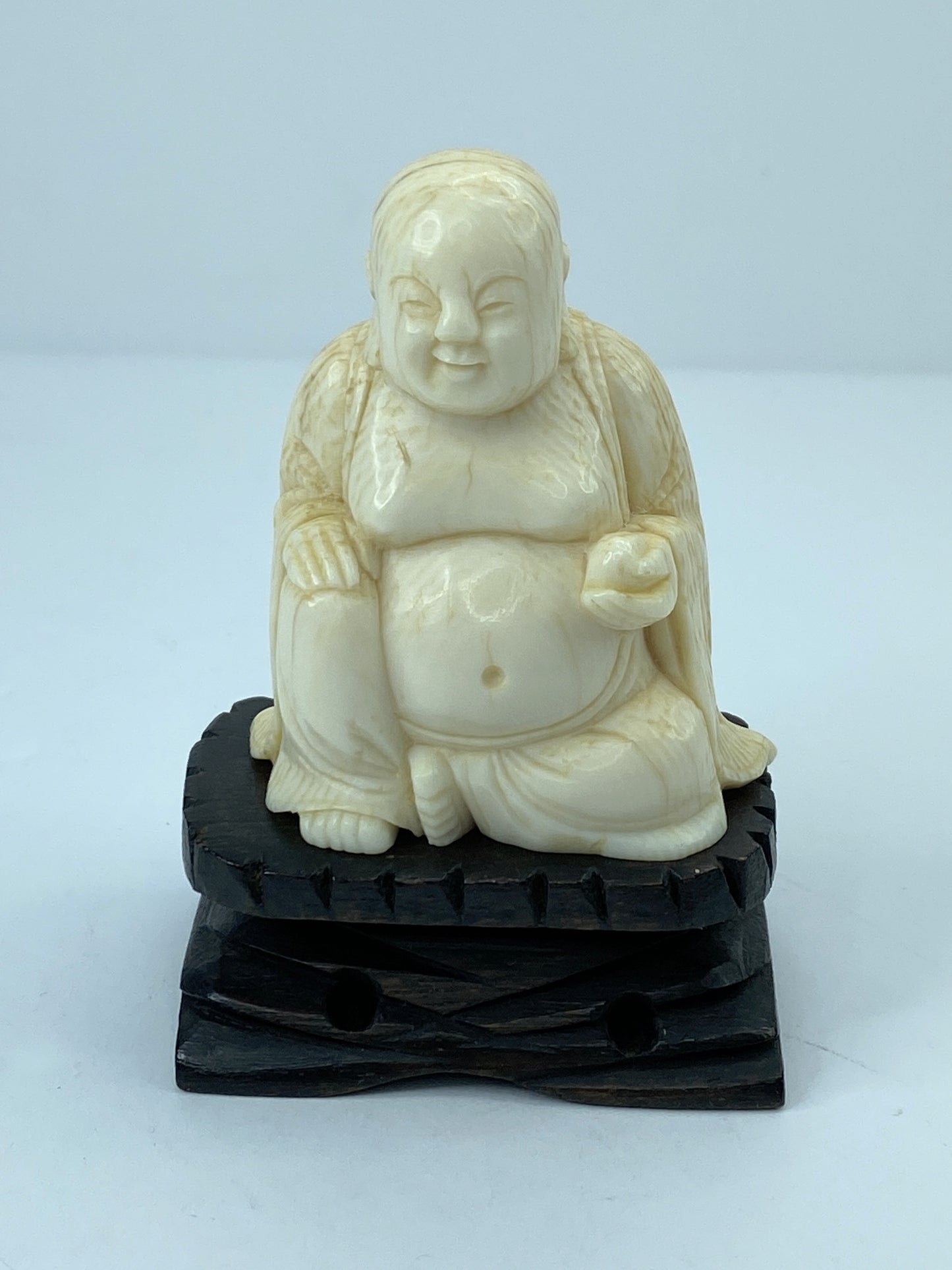 Antique c1900 carved Resin Laughing Buddha on custom wood stands A608