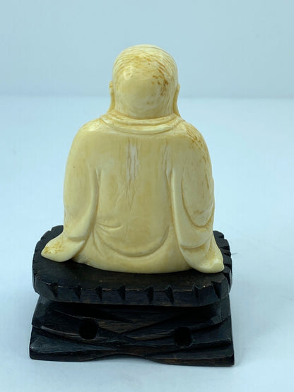 Antique c1900 carved Resin Laughing Buddha on custom wood stands A608