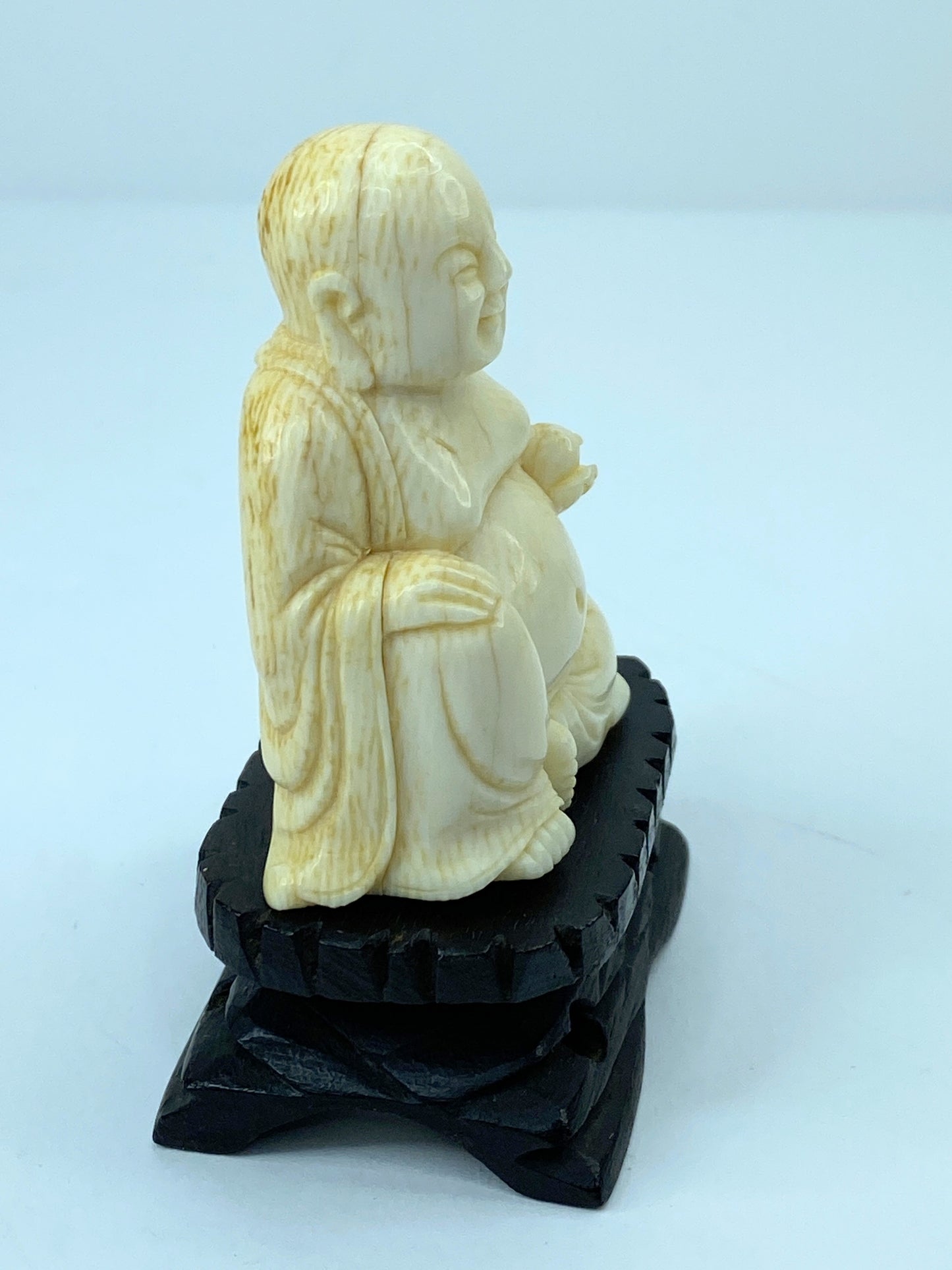 Antique c1900 carved Resin Laughing Buddha on custom wood stands A608