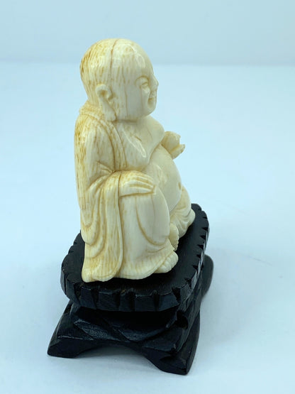 Antique c1900 carved Resin Laughing Buddha on custom wood stands A608