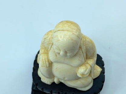Antique c1900 carved Resin Laughing Buddha on custom wood stands A608