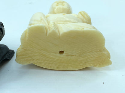 Antique c1900 carved Resin Laughing Buddha on custom wood stands A608