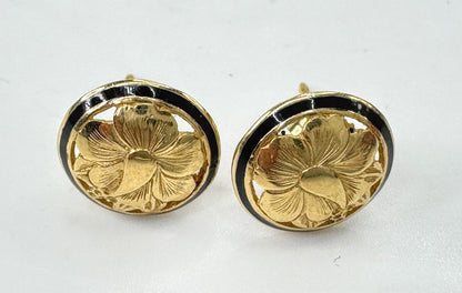Vintage Hawaiian Black Enamel Floral Etched Post Earrings JR1785