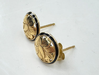 Vintage Hawaiian Black Enamel Floral Etched Post Earrings JR1785