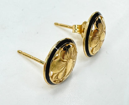Vintage Hawaiian Black Enamel Floral Etched Post Earrings JR1785