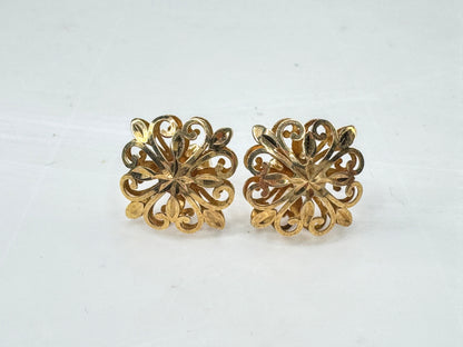 Vintage Hawaiian 14K Gold Cutout QuiltFloral Pattern cage stud earrings JR1786