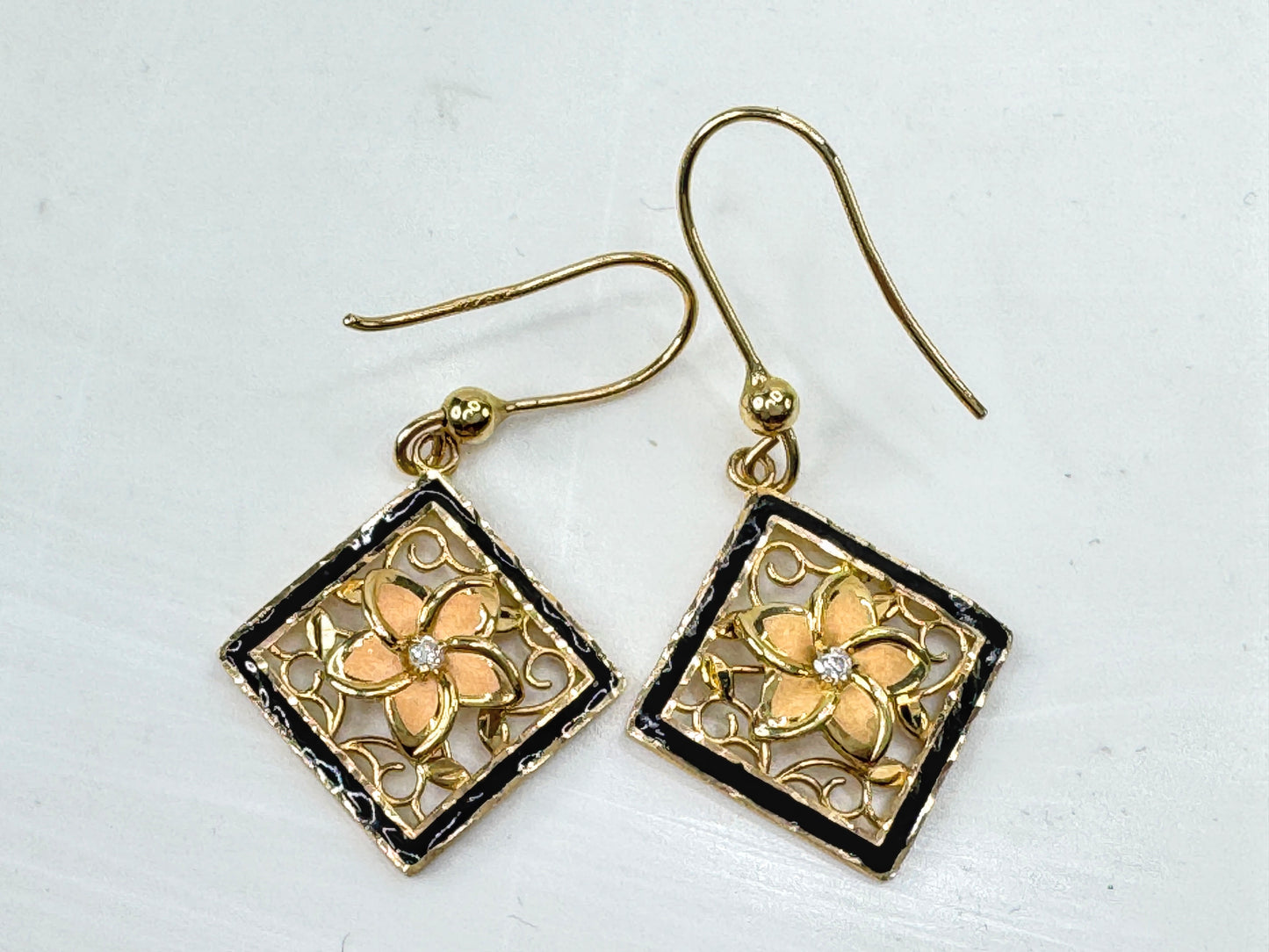 Signed Hawaiian Kitinian 14K Enamel cut out Plumeria Diamond Earrings JR1788