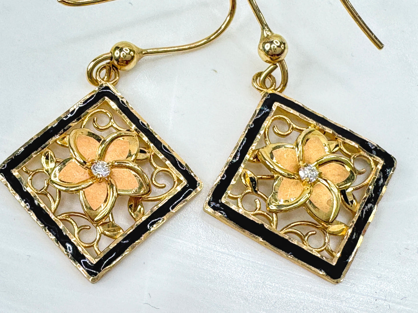 Signed Hawaiian Kitinian 14K Enamel cut out Plumeria Diamond Earrings JR1788