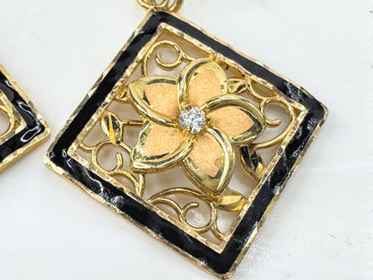 Signed Hawaiian Kitinian 14K Enamel cut out Plumeria Diamond Earrings JR1788