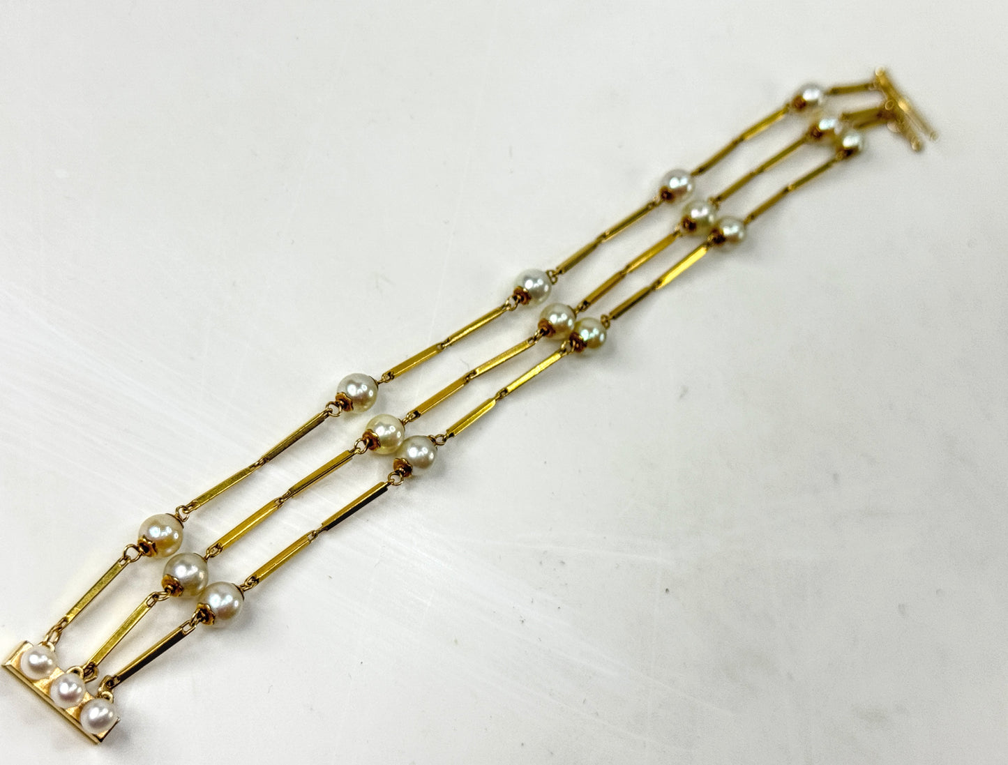 Vintage 14K Gold Triple Strand Cultured Pearl Bar Link Bracelet JR1790