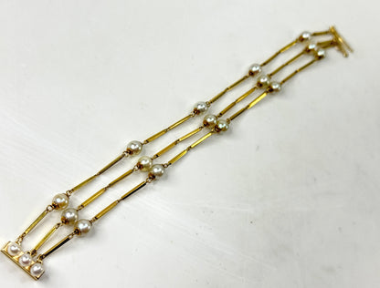 Vintage 14K Gold Triple Strand Cultured Pearl Bar Link Bracelet JR1790