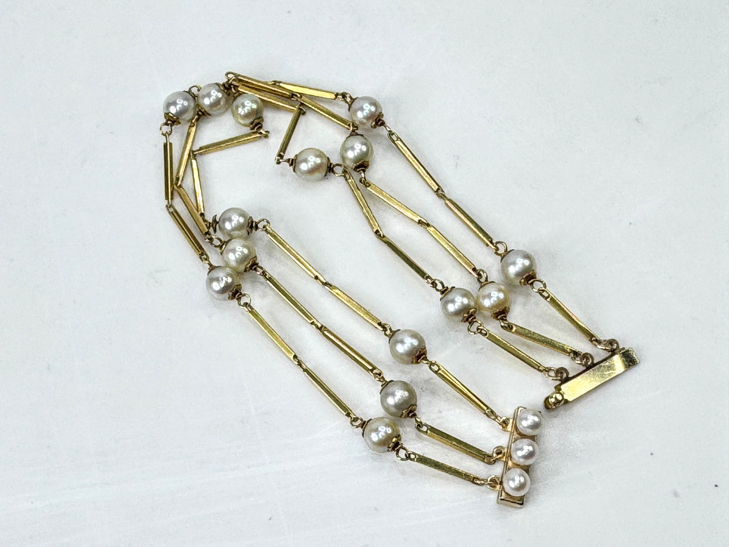 Vintage 14K Gold Triple Strand Cultured Pearl Bar Link Bracelet JR1790