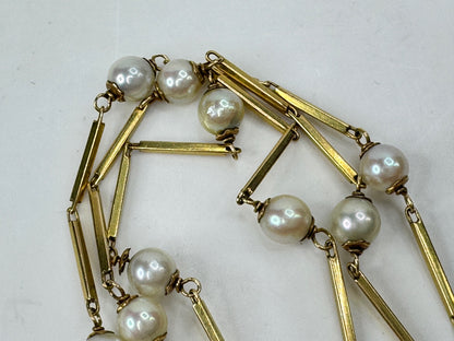Vintage 14K Gold Triple Strand Cultured Pearl Bar Link Bracelet JR1790