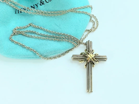 Tiffany & Co Sterling Silver 18 Karat Necklace and Cross Pendant 7.8g 18" JR9828