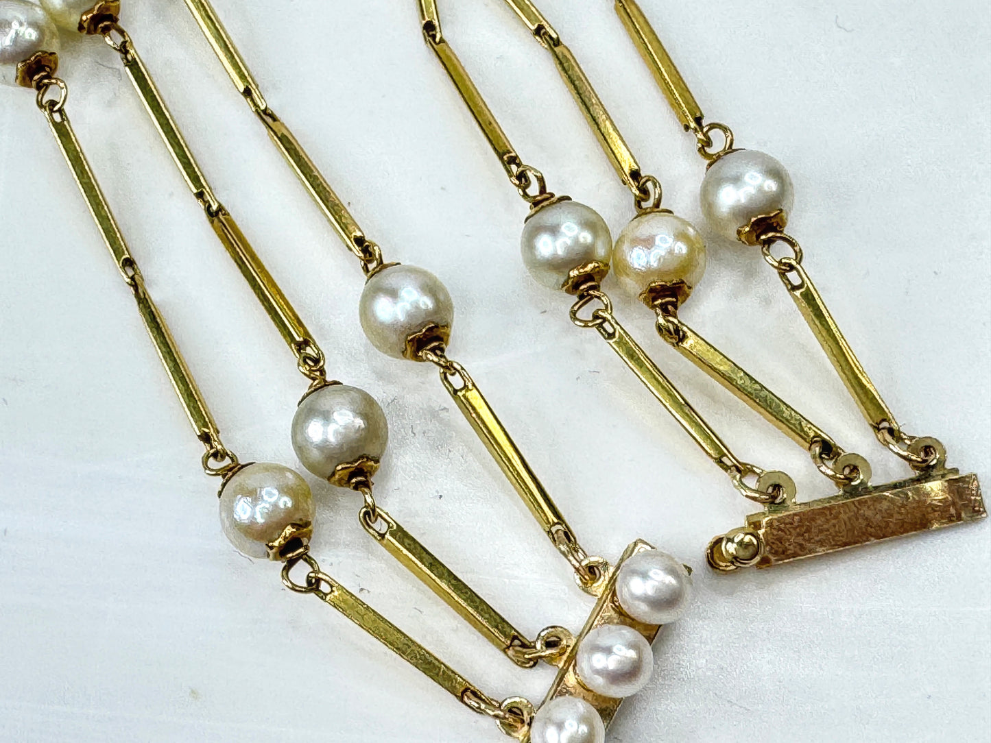 Vintage 14K Gold Triple Strand Cultured Pearl Bar Link Bracelet JR1790