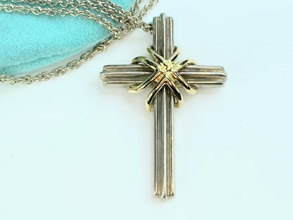 Tiffany & Co Sterling Silver 18 Karat Necklace and Cross Pendant 7.8g 18" JR9828