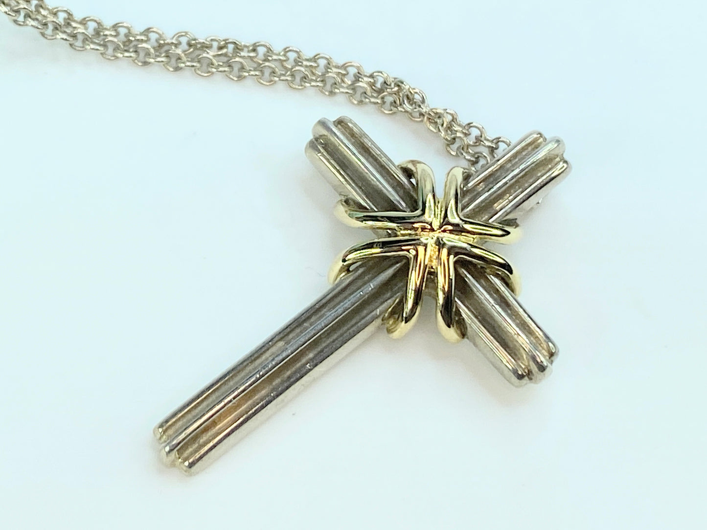 Tiffany & Co Sterling Silver 18 Karat Necklace and Cross Pendant 7.8g 18" JR9828