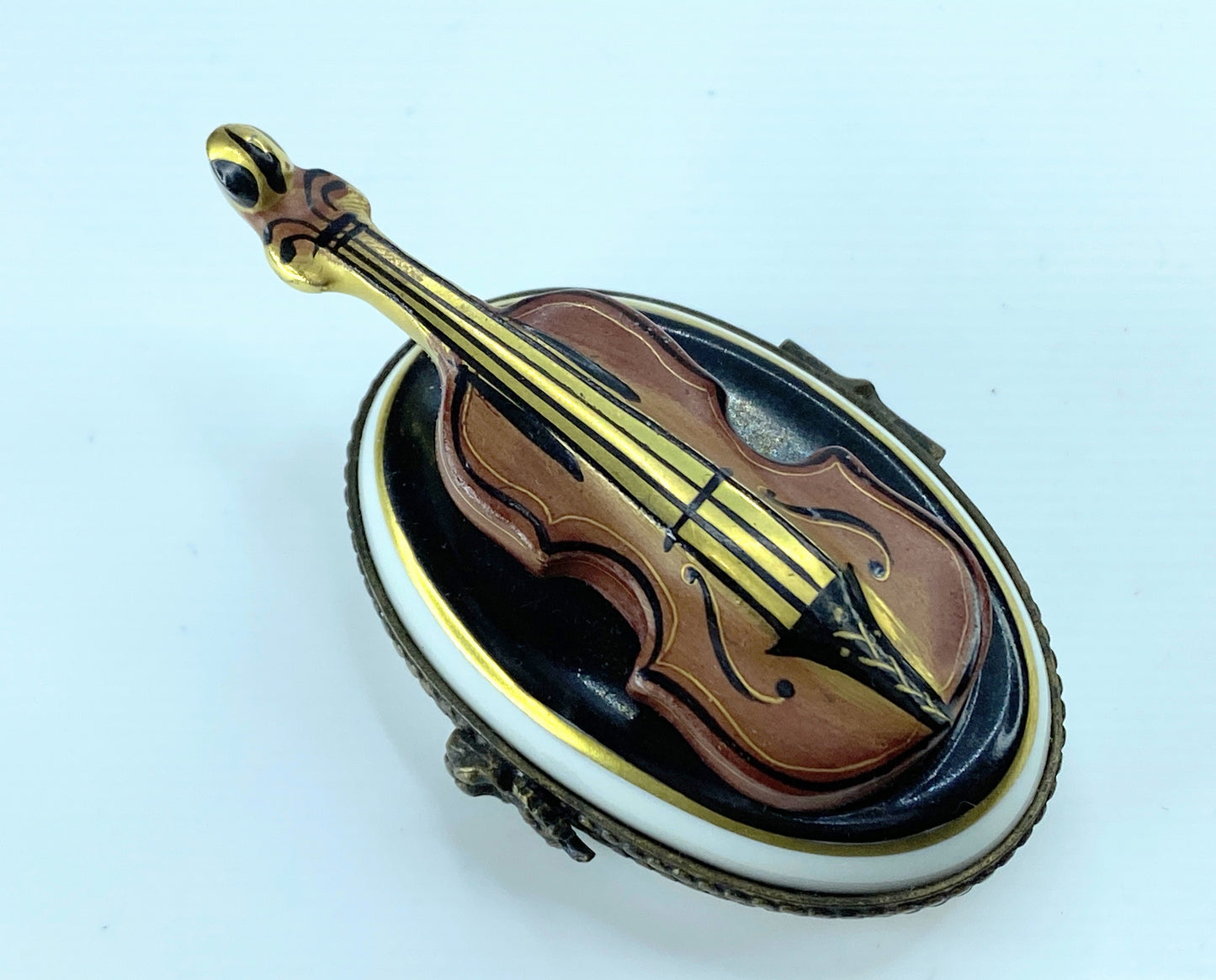 P.V Limoges Peint Main Violin on Black & White Oval trinket A105