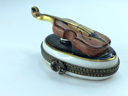 P.V Limoges Peint Main Violin on Black & White Oval trinket A105