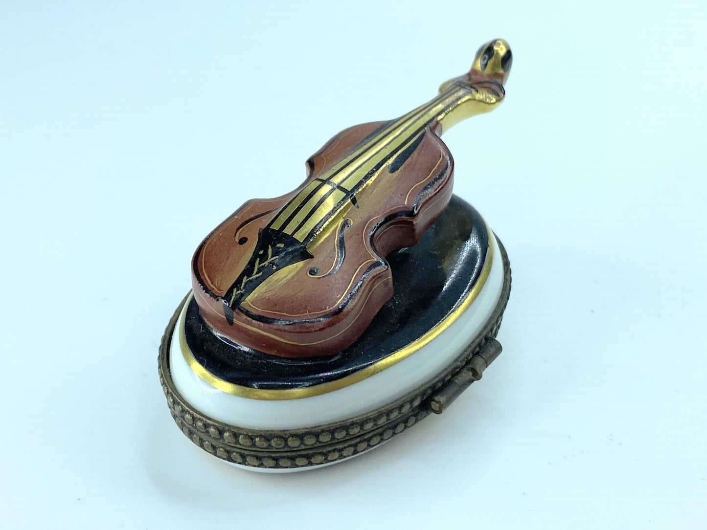 P.V Limoges Peint Main Violin on Black & White Oval trinket A105