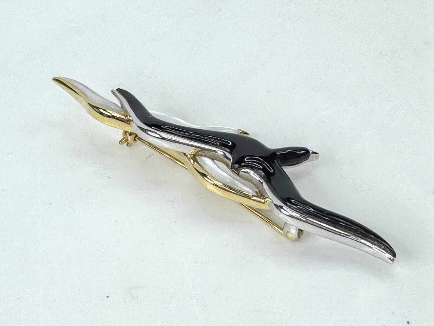 Vintage 14K two-tone gold onyx mother-of-pearl seagull pin 3" 10g JR1794